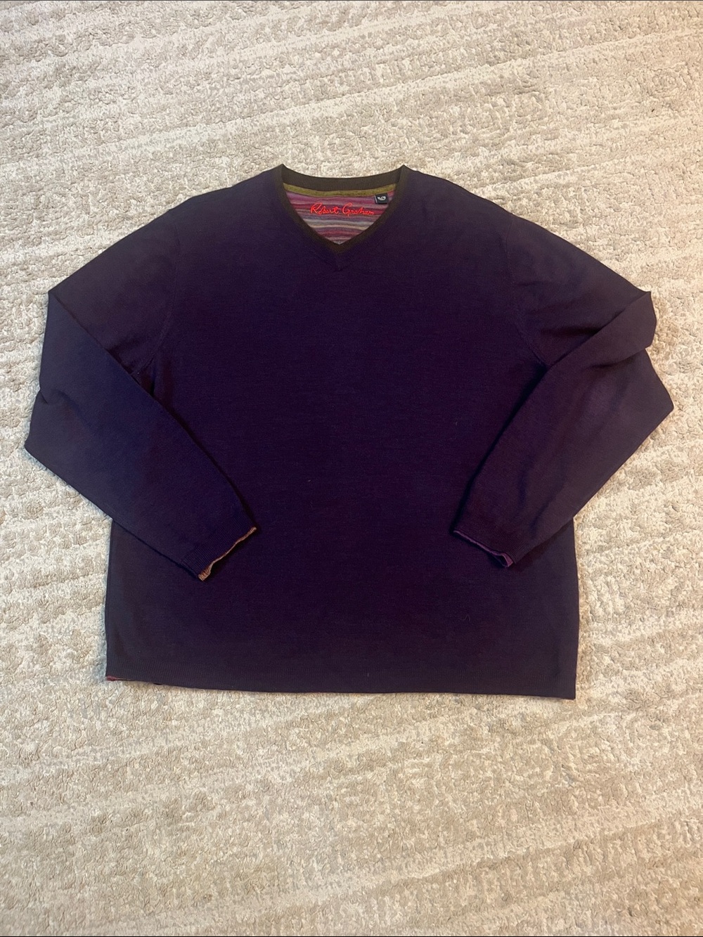 Robert Graham 100% Wool Deep Purple V-Neck Sweater XL